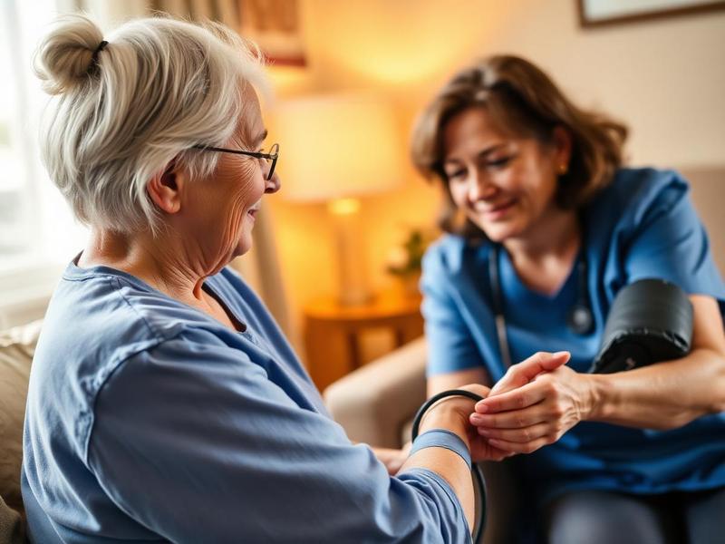 Home health nurse checking a patient's blood pressure at their kitchen table
