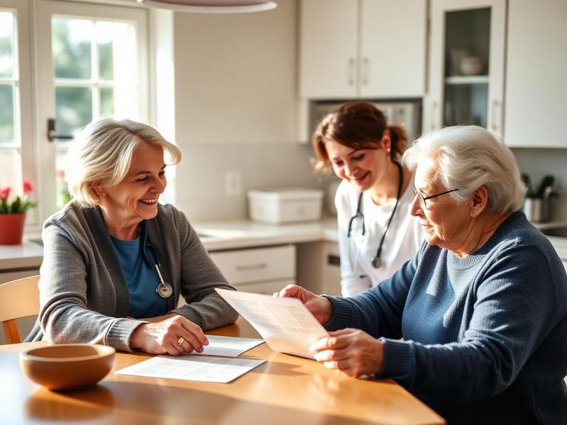Medical social worker talking with a patient and family member at home