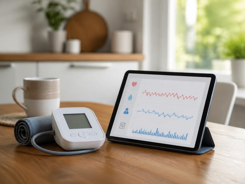 Patient at home using a remote vital-signs telemonitoring device with a tablet displaying readings