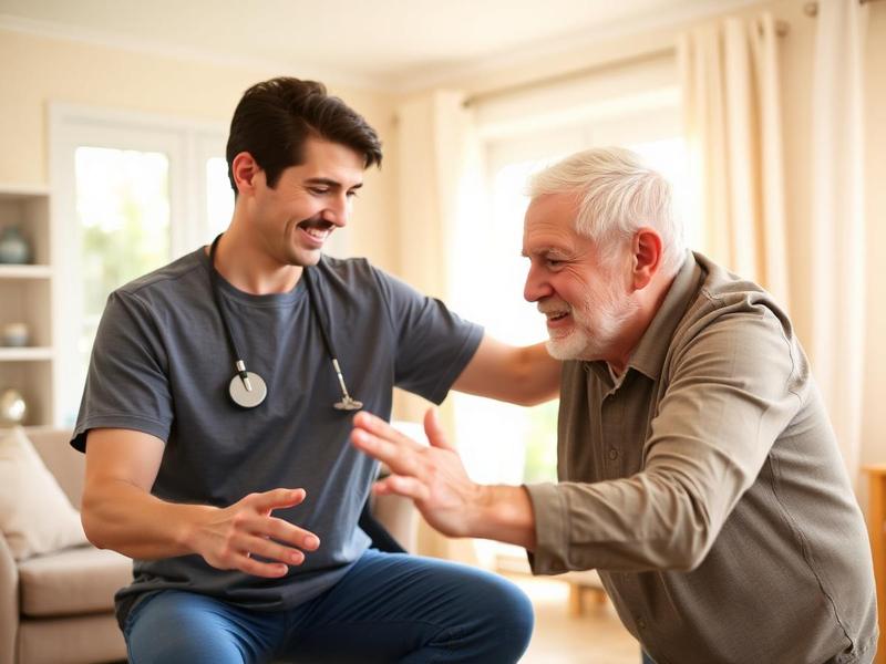 Physical therapist helping an older adult walk with a cane in their living room